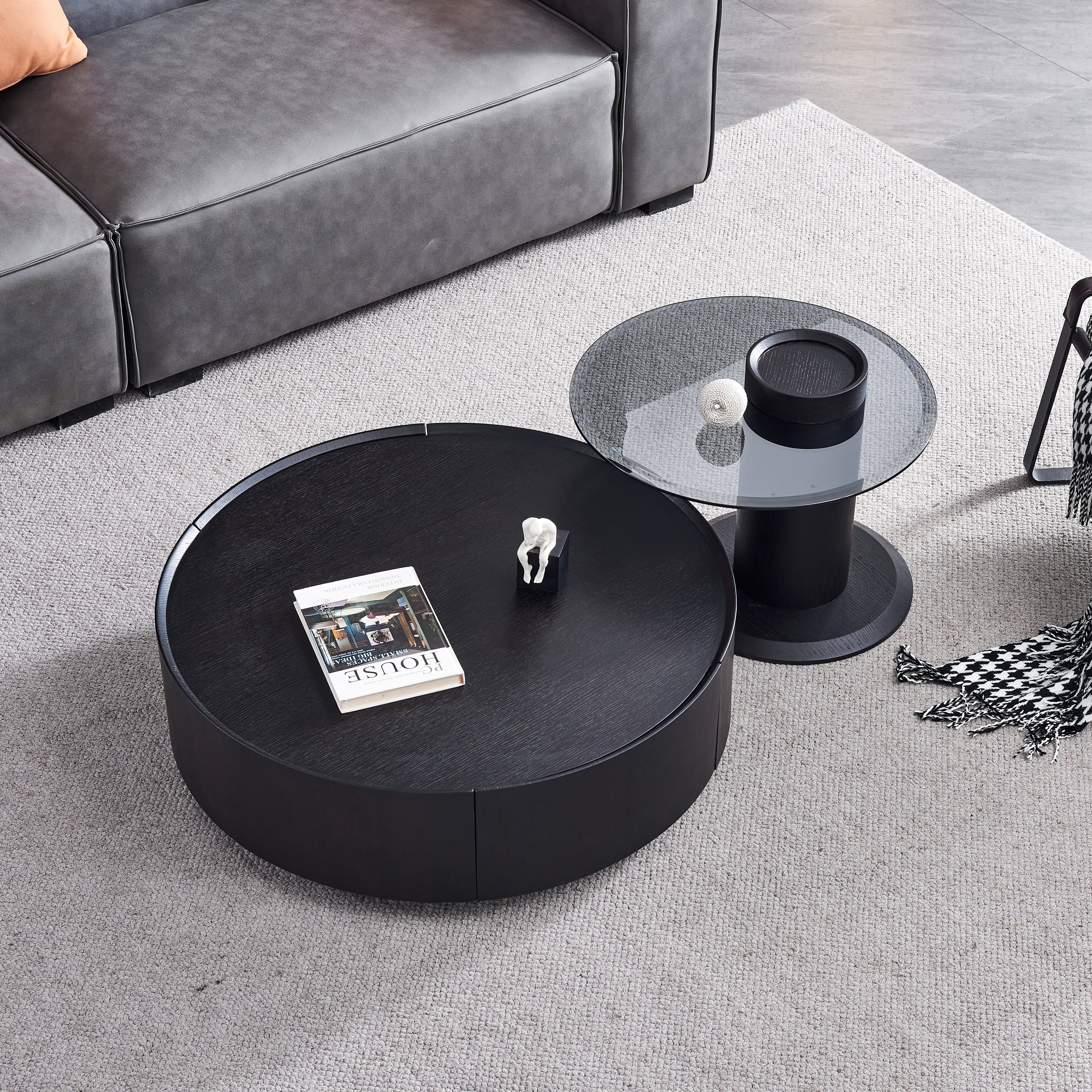 Nesting Coffee Table: Tempered Glass Top and Drum Base