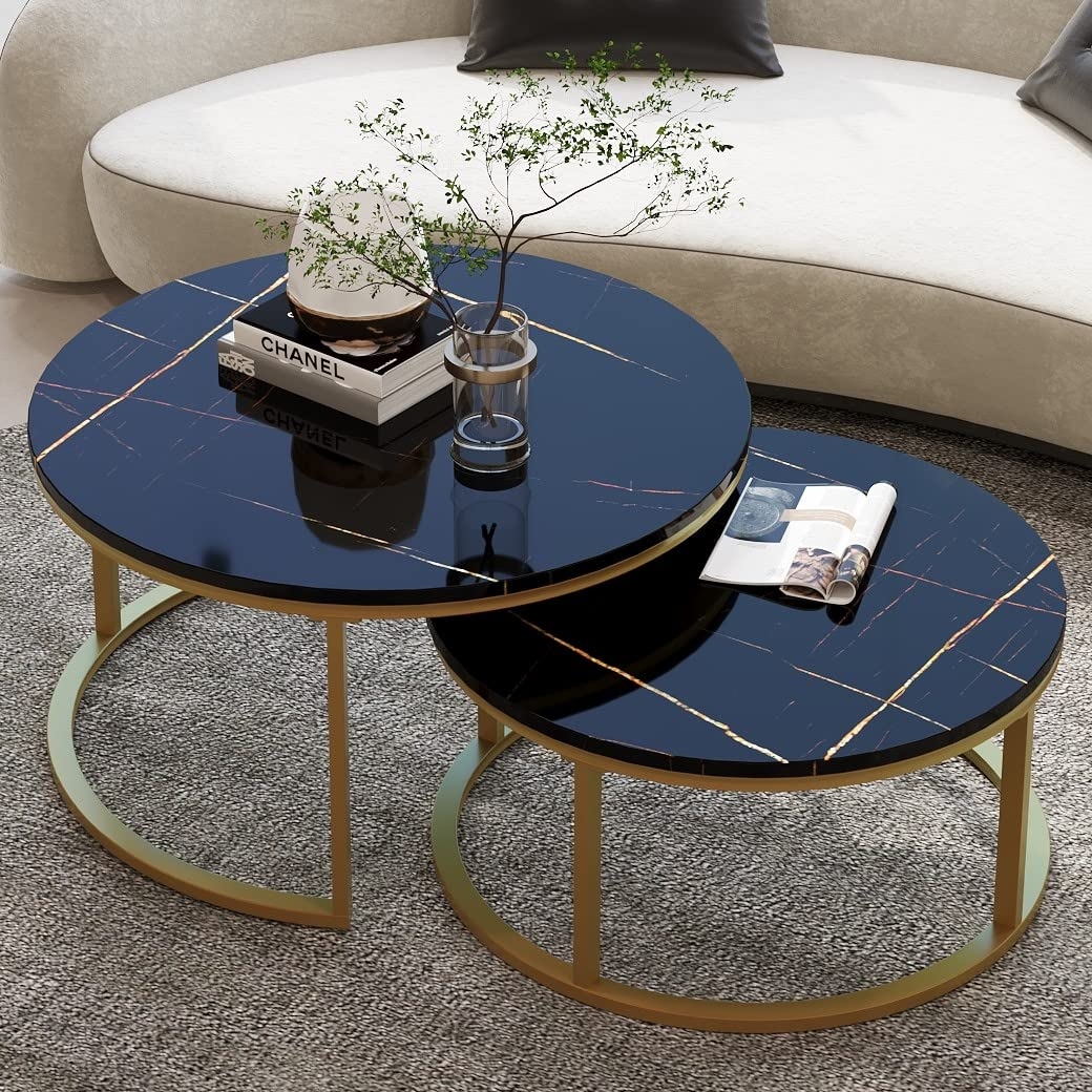 Nesting Coffee Tables: Marble Veined Top with Gold Frame