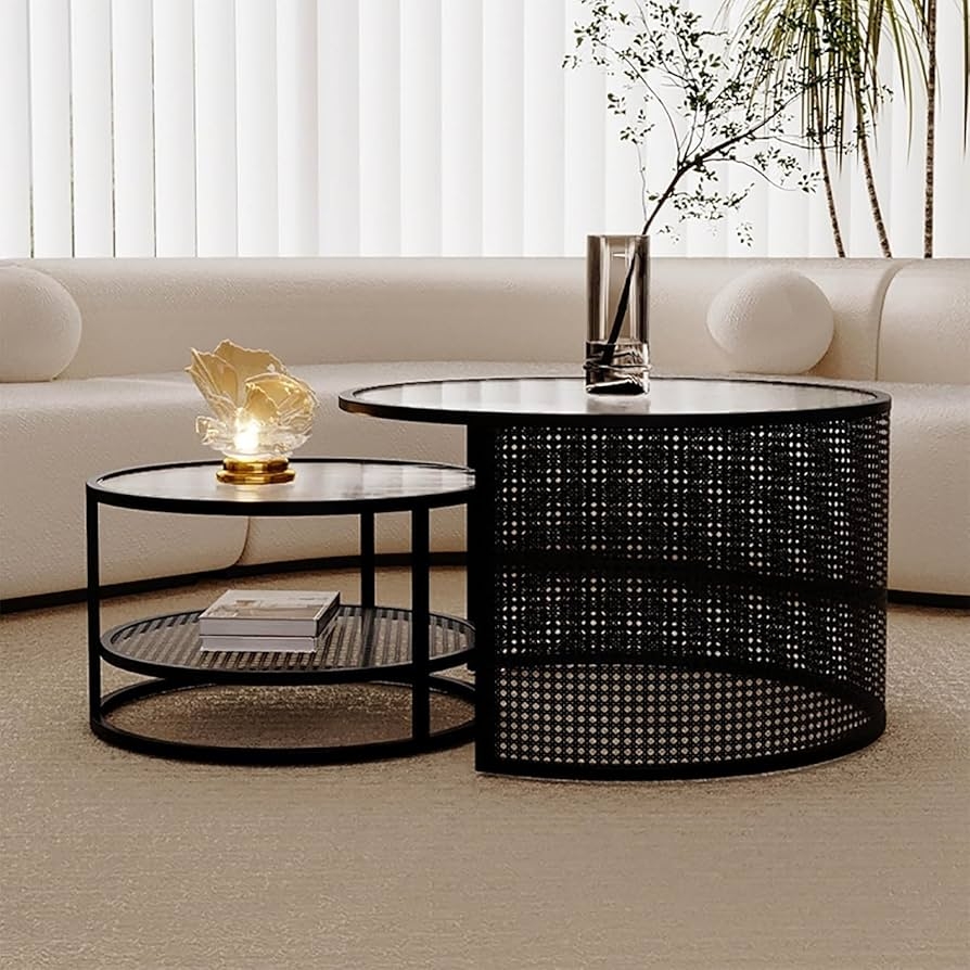 Nesting Coffee Tables: Perforated Skirt and Industrial Glass