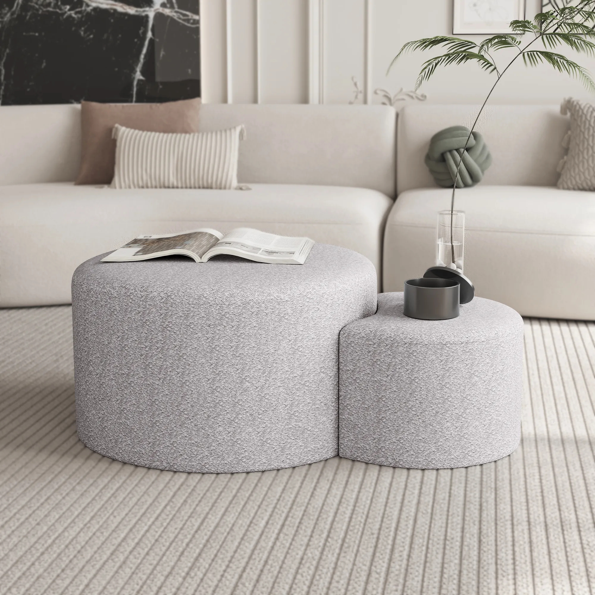 Nesting Ottoman: Beige Boucle Textured Modular Set