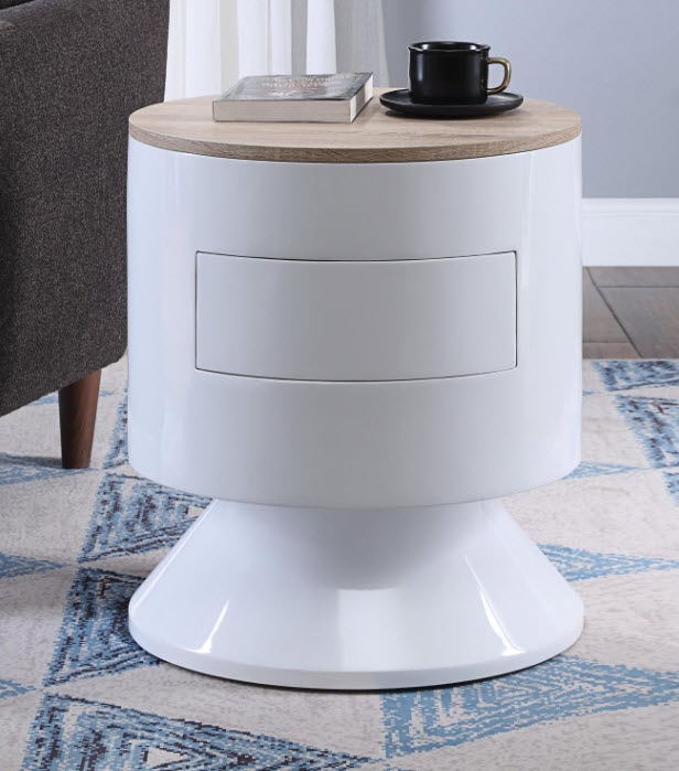 Nightstand Flared Pedestal Base Glossy White Drum Nightstand