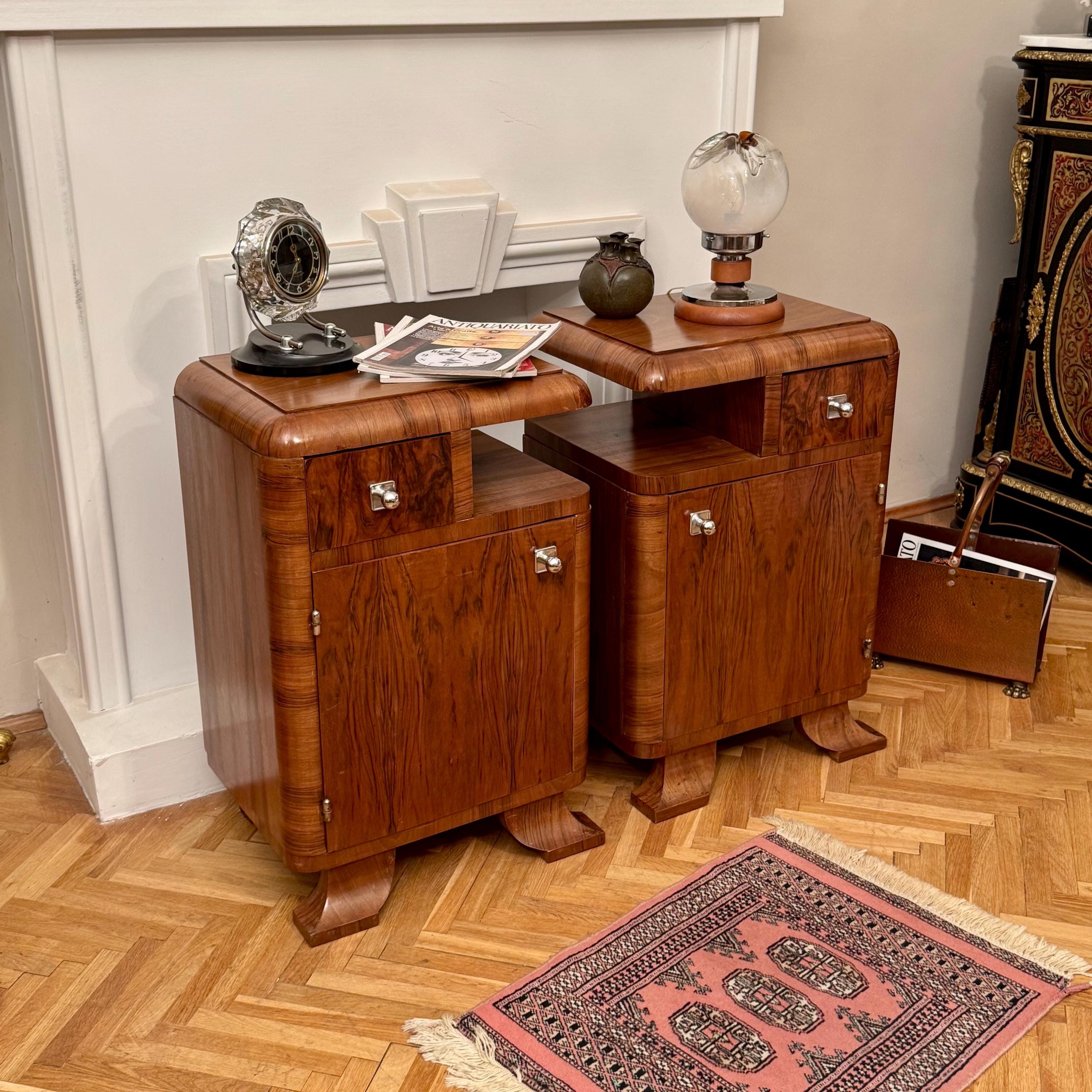 Nightstand Pair with Stepped Top and Bookmatched Walnut