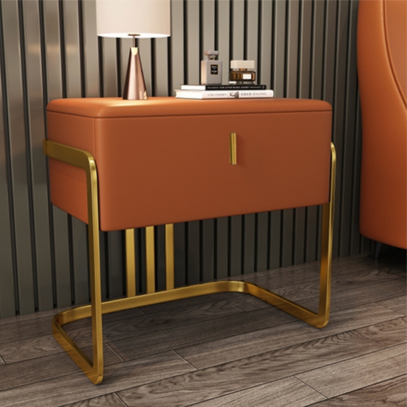 Nightstand with C-Shaped Gold Base and Burnt Orange Fabric