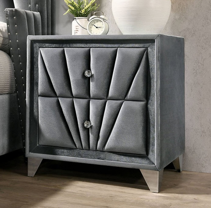 Nightstand with Geometric Padding and Crystal Style Knobs