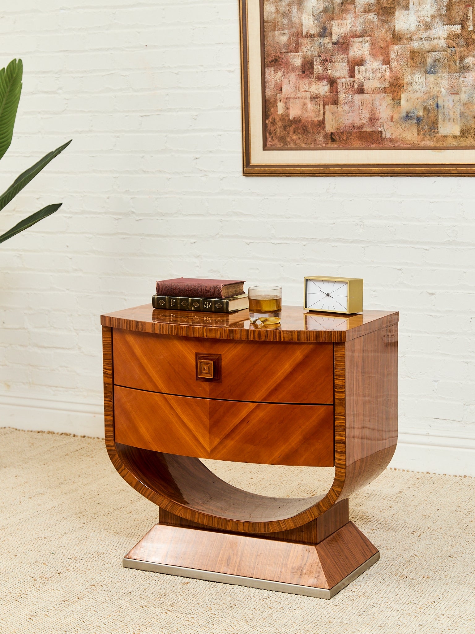 Nightstand with U-Shaped Pedestal and High Gloss Finish