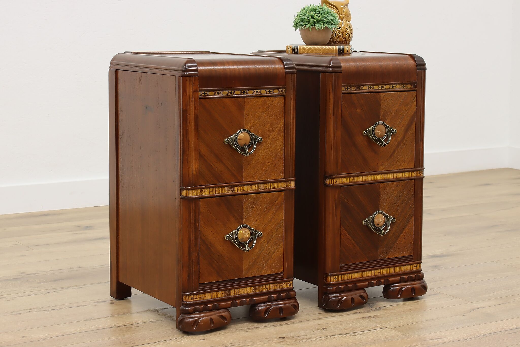 Nightstands with Waterfall Edge and Book Matched Veneer