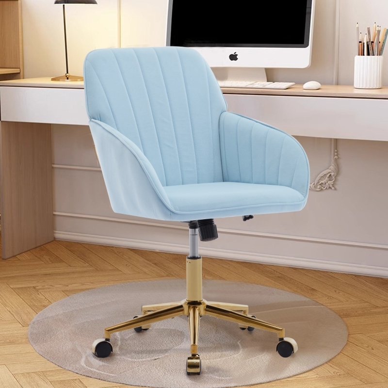 Office Chair with Baby Blue Channel Tufted Gold Base