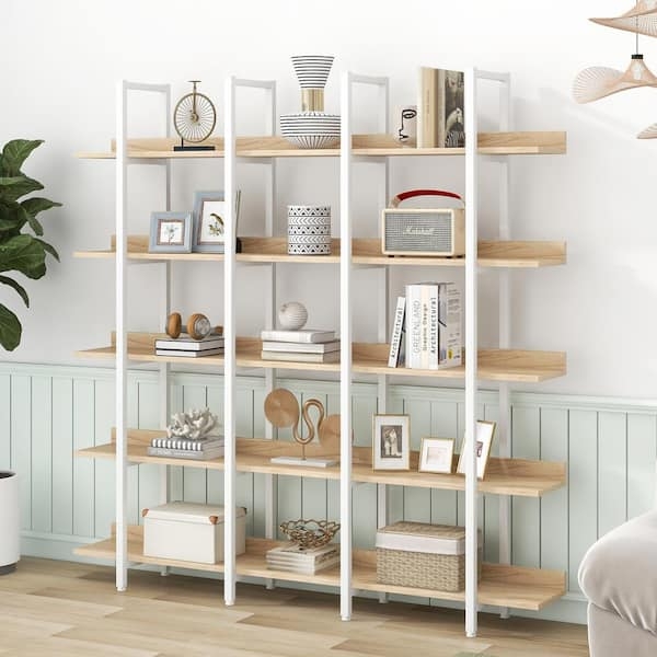 Open Bookshelf Wide Oak Display with Triple Column Frame