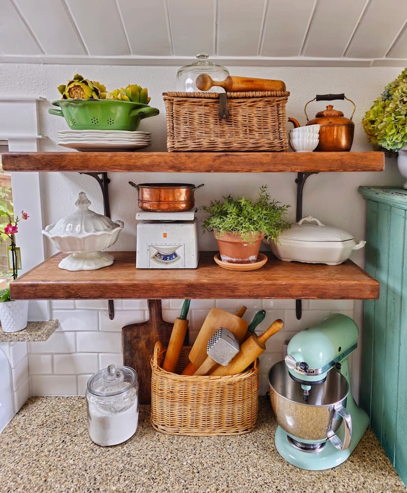 Open Shelving with Thick Wood Slabs for Cottage Style Kitchens