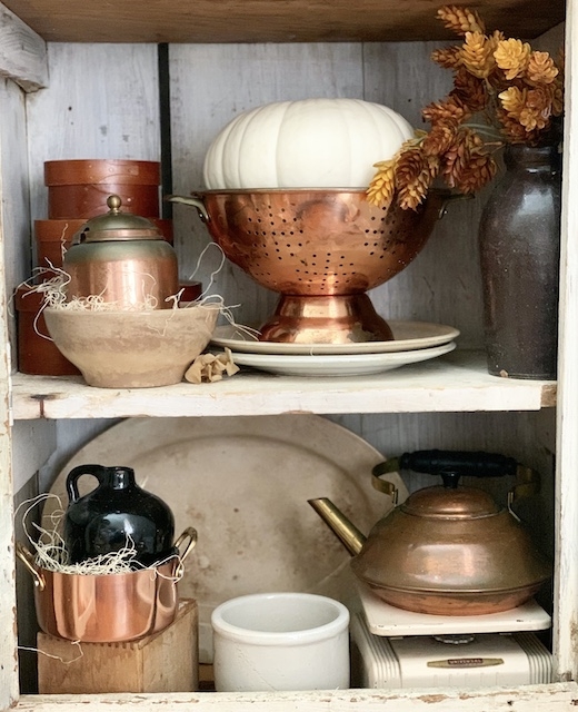 Open Shelving with Vintage Found Objects Farmhouse Hutch Decor
