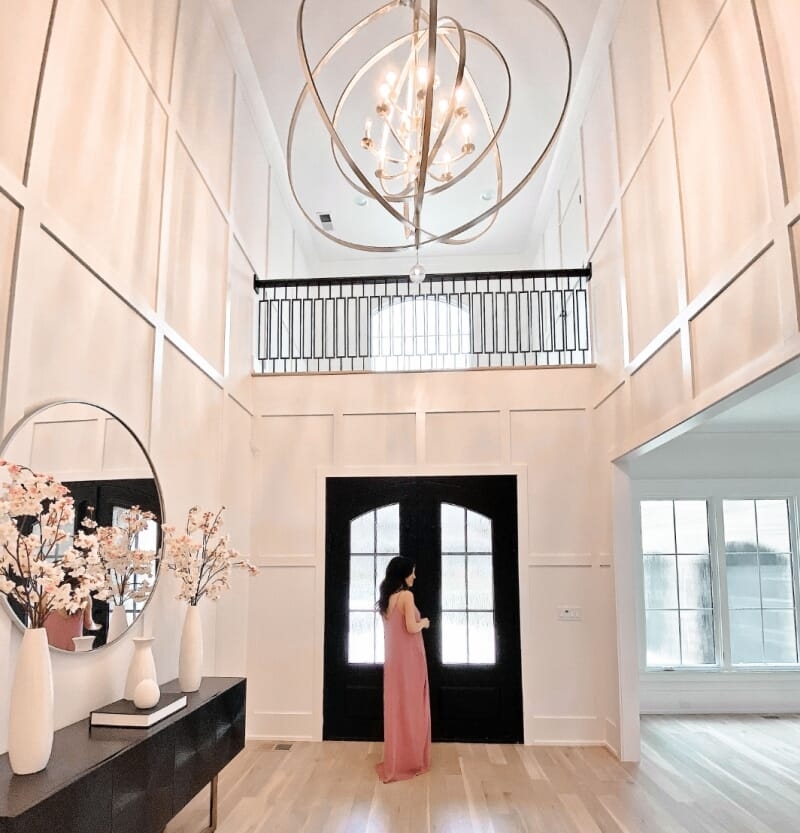Orbital Chandelier Grid Wall Molding White Board And Batten Foyer