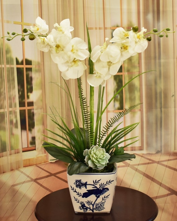 Orchid Arrangement Chinoiserie Blue and White Vase Bird Motif Pot
