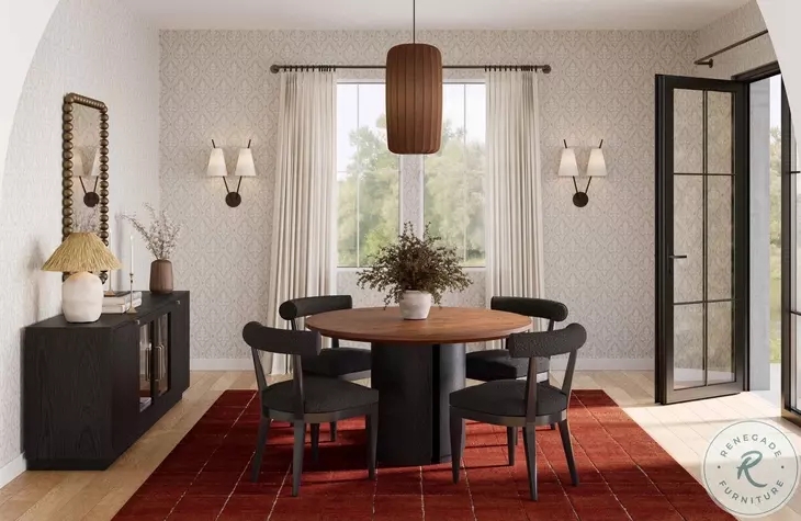 Organic Modern Dining Set with Mixed Wood Tones and Rug