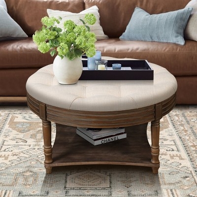 Ottoman Coffee Table: Beige Linen with Ribbed Apron Detail