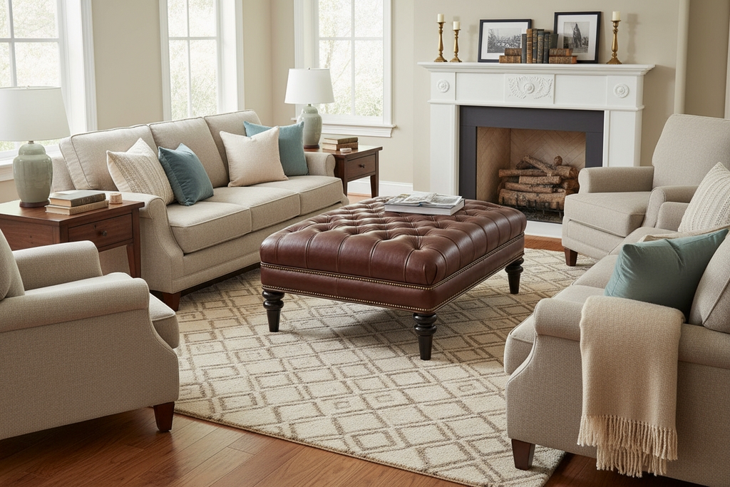 Ottoman Coffee Table: Chocolate Leather and Deep Button Tufting