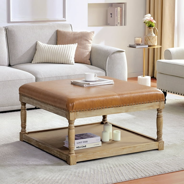 Ottoman Coffee Table: Cognac Brown Nailhead Storage Shelf