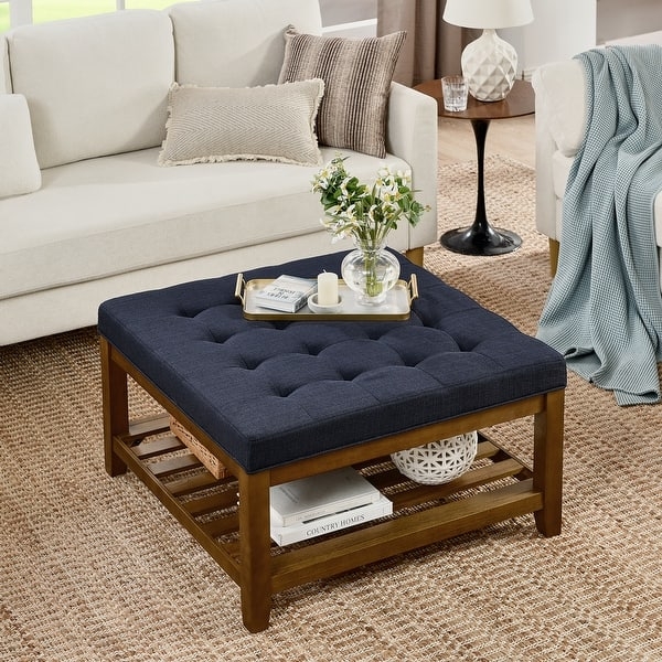 Ottoman Coffee Table: Navy Blue Fabric with Slatted Shelf