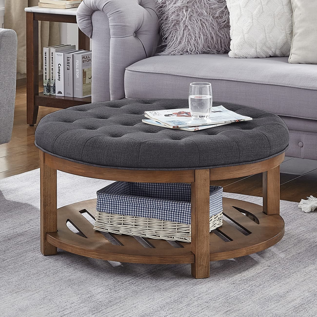 Ottoman Coffee Table: Round Charcoal Storage with Slatted Base
