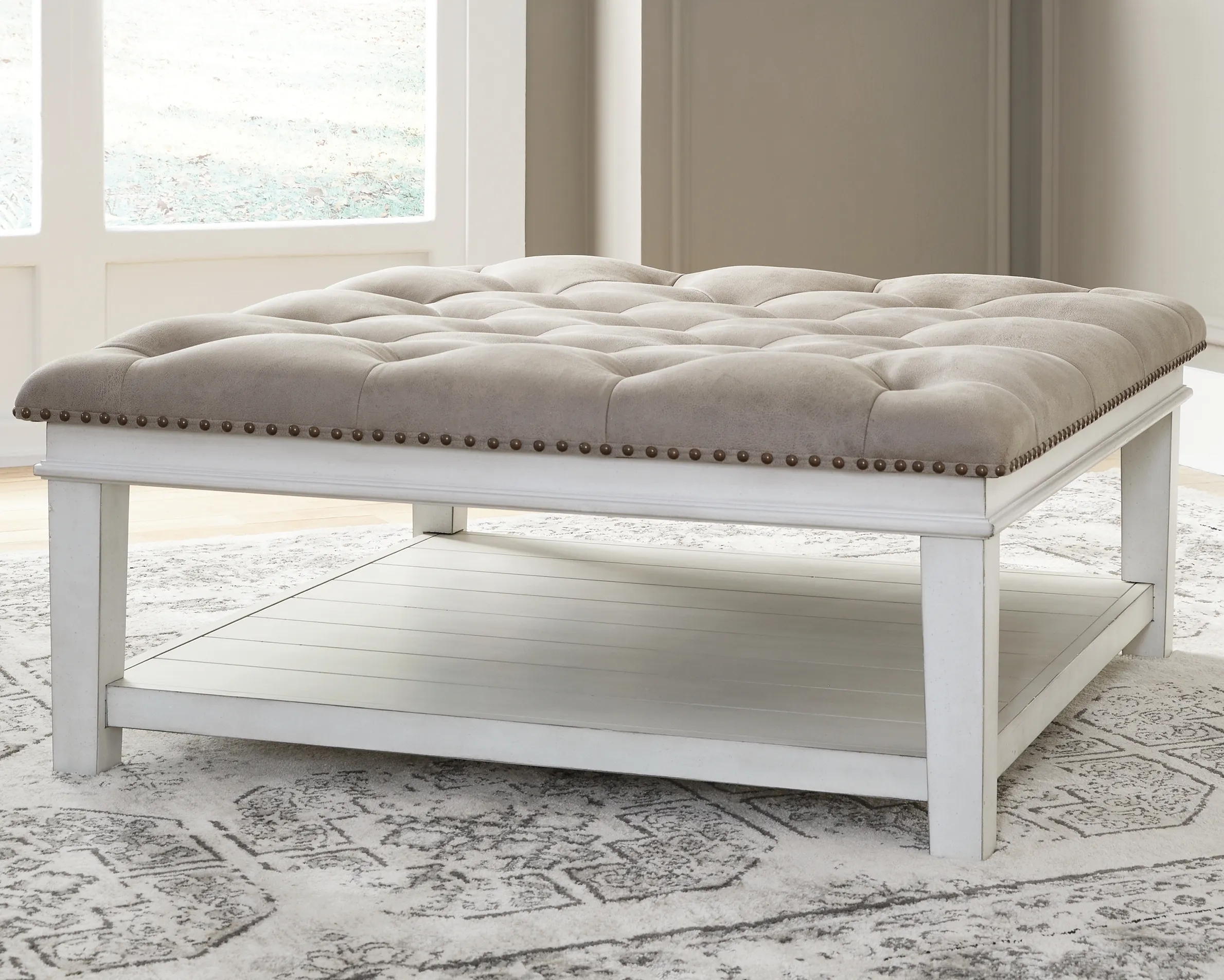 Ottoman Coffee Table: Whitewashed Wood and Slatted Base