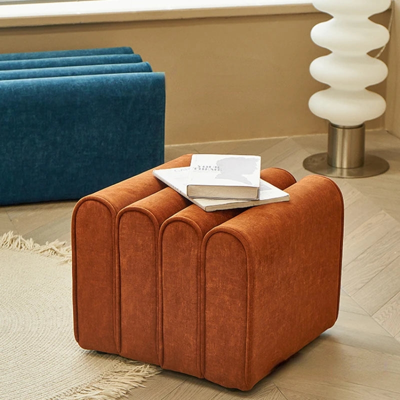 Ottoman Footstool: Sculptural Ribbing Rust Velvet Footstool