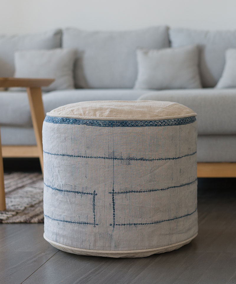 Ottoman Pouf: Indigo Wash Geometric Indigo Tribal Ottoman Pouf