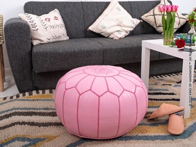 Ottoman Pouf: Medallion Top Segmented Pink Moroccan Pouf