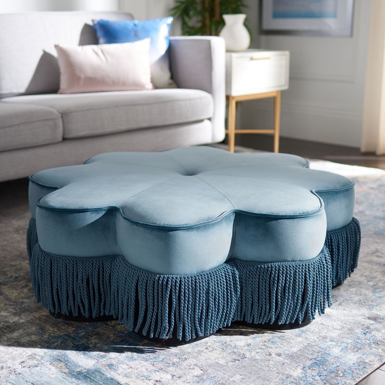 Ottoman: Scalloped Edge Blue Velvet Scalloped Petal Seating