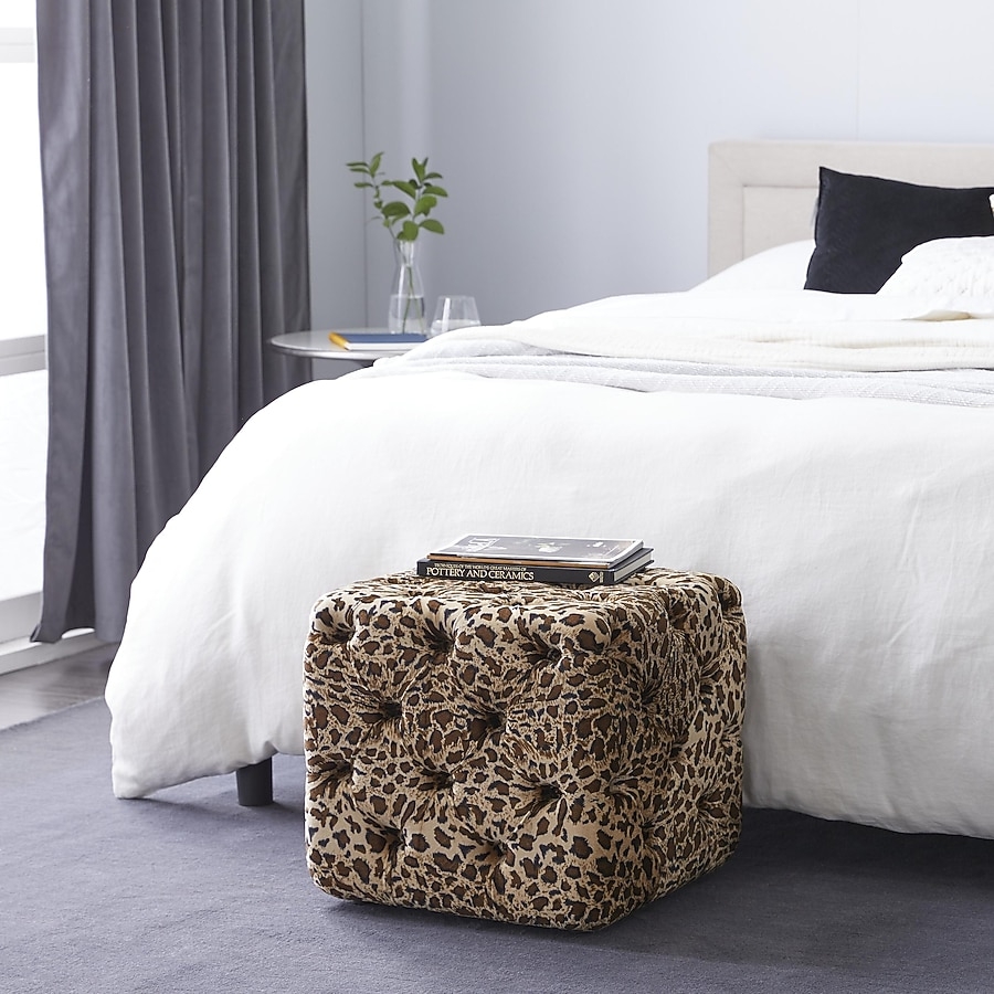 Ottoman with Canvas Fabric and Tufted Animal Print Pouf