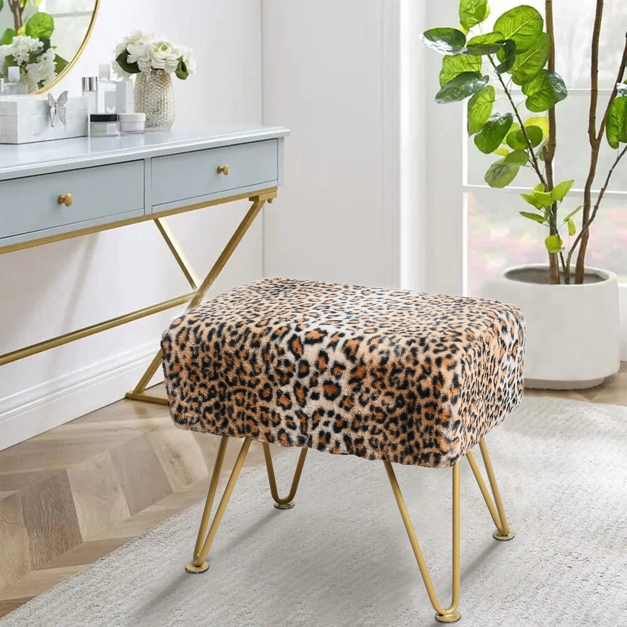 Ottoman with Gold Hairpin Legs and Glam Leopard Stool