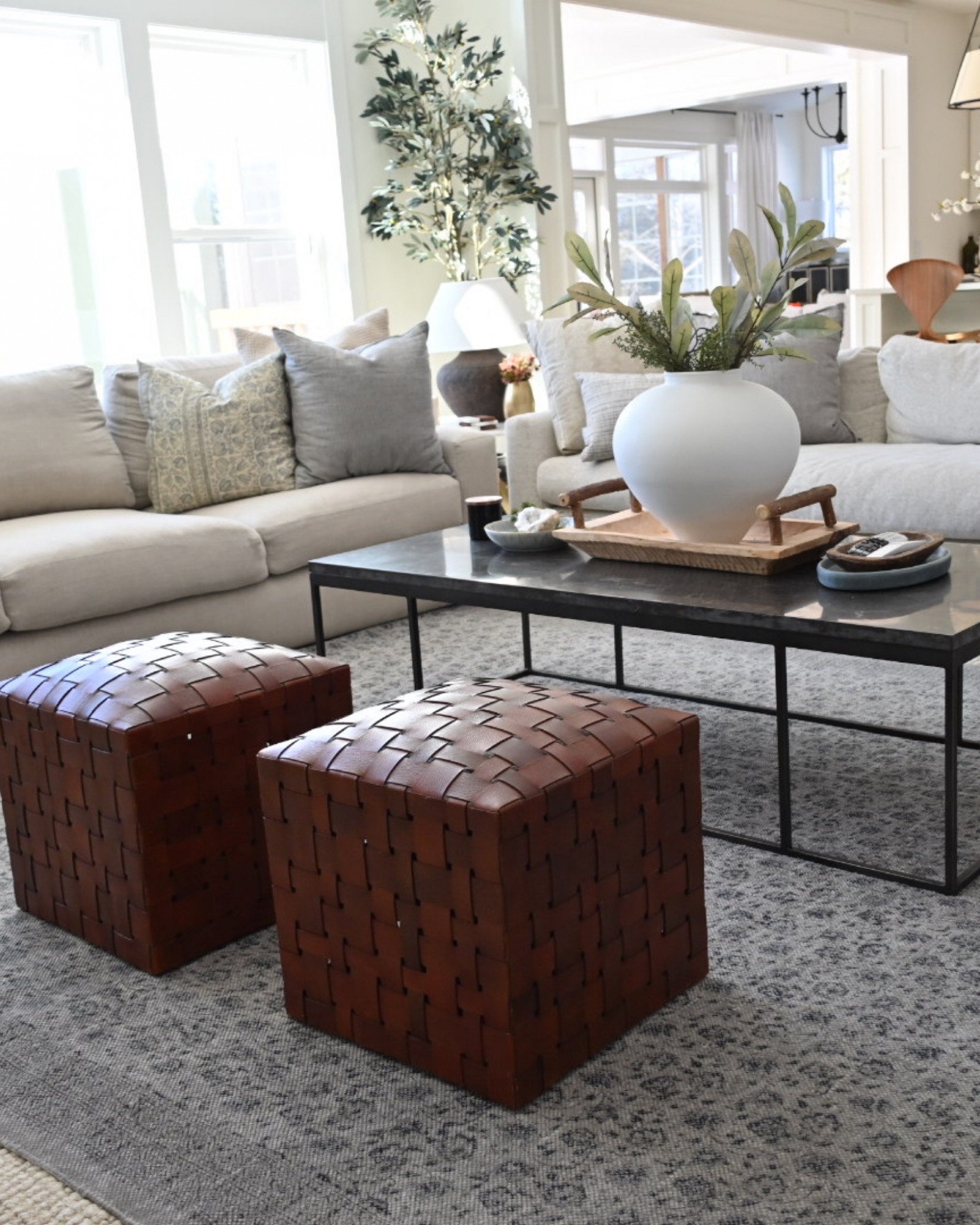 Ottoman: Woven Texture Cognac Cube Woven Leather Ottoman