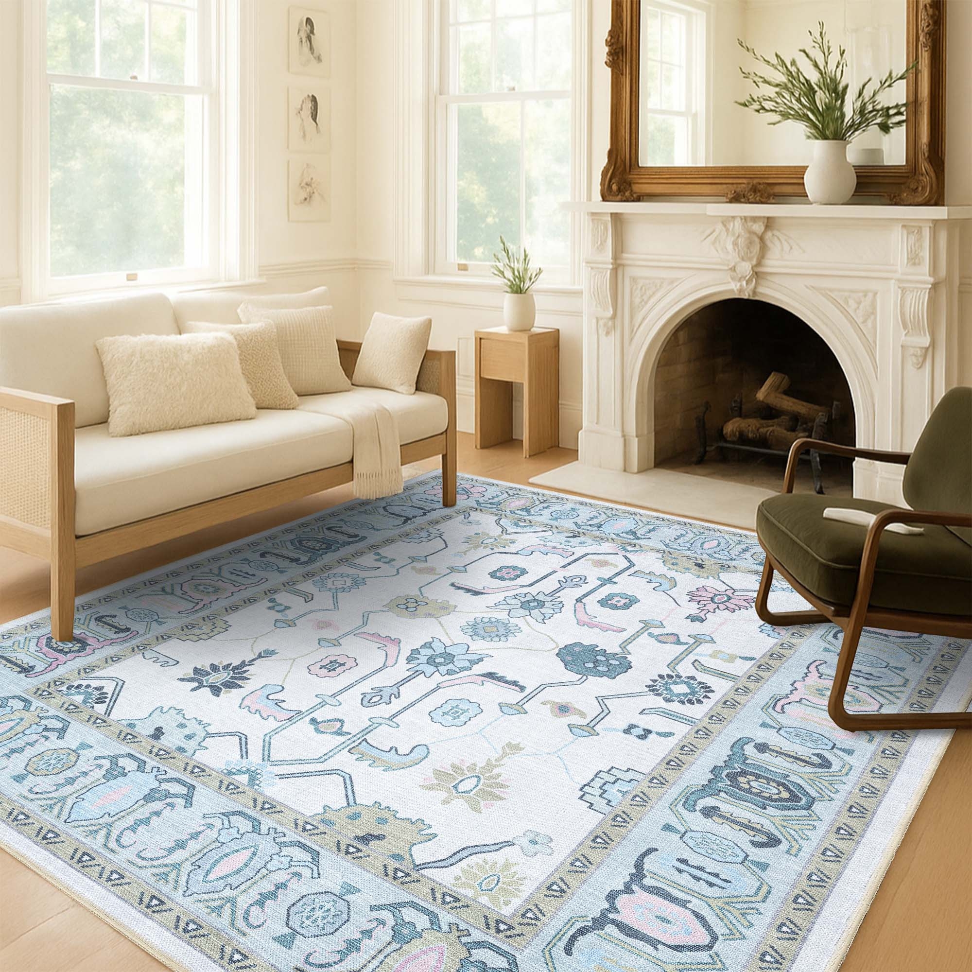 Oushak Rug Coastal Transitional Floral Medallion Sky Blue