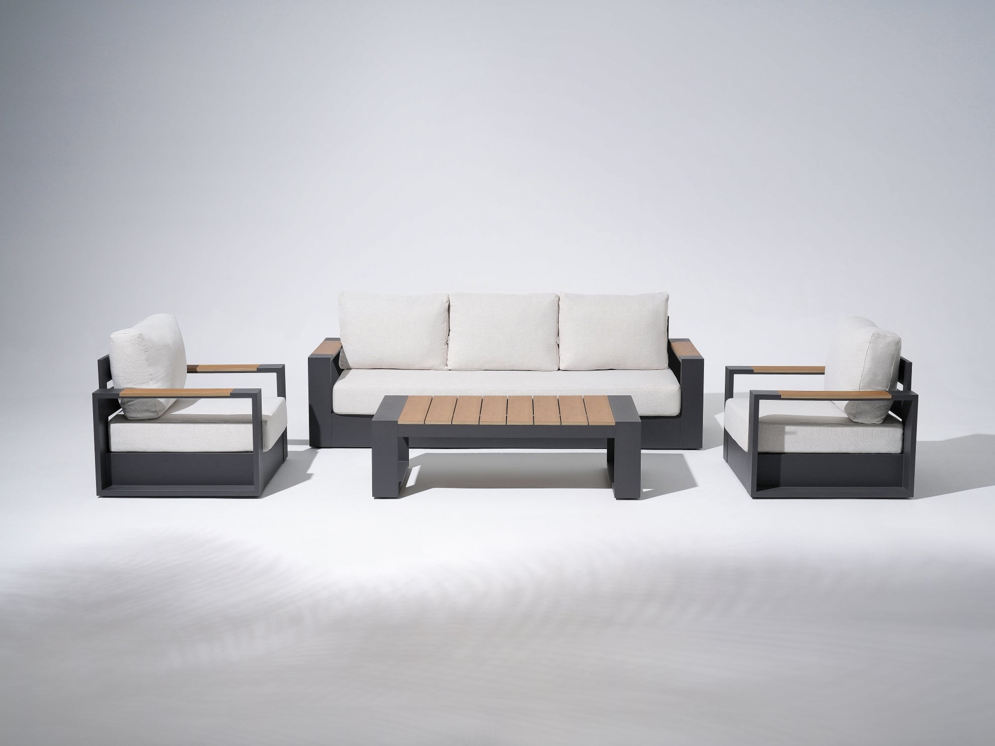 Outdoor Sofa Set with Wood Toned Armrests and Geometric Frame