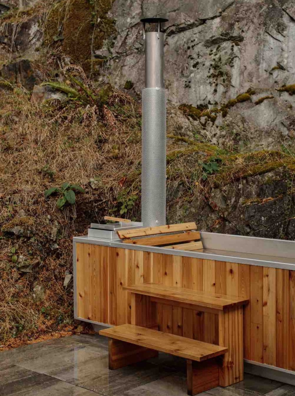 Outdoor Steps With Vertical Slats and Two Tier Cedar Wood