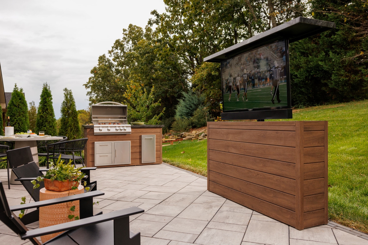 Outdoor TV Cabinet with Artisan Plank Texture and Luxury Lift