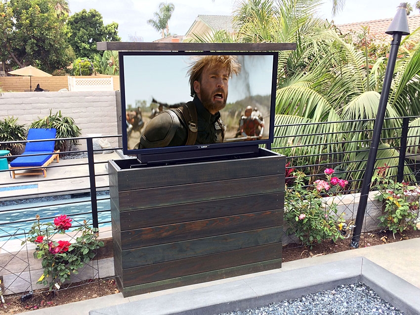 Outdoor TV Lift featuring Integrated Soundbar Mount and Slat Wood