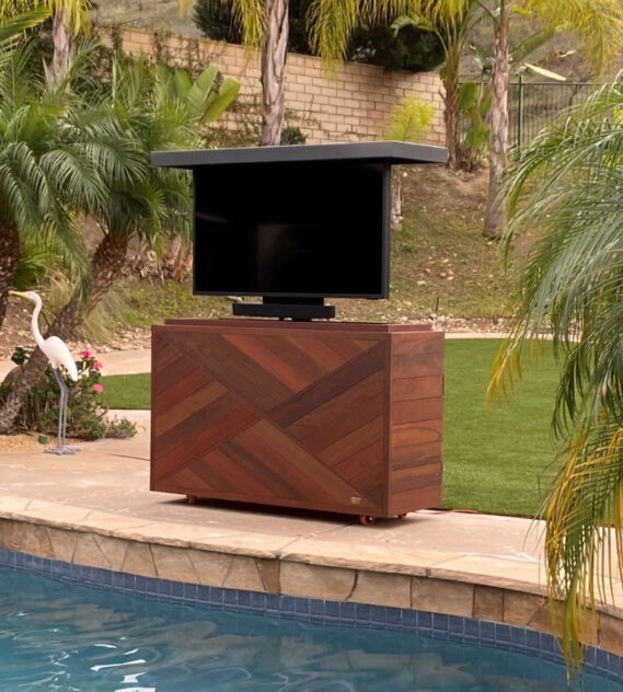 Outdoor TV Lift with Geometric Plank Pattern and Motorized Base