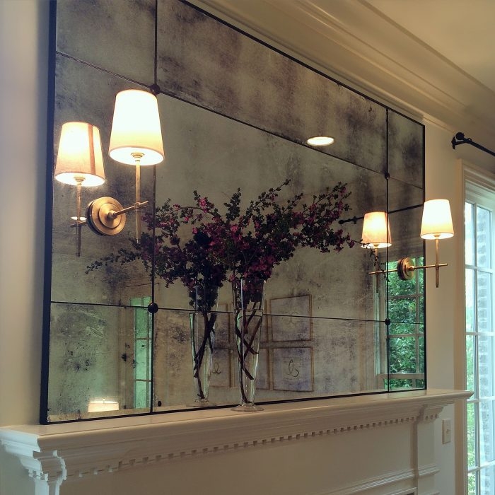 Paneled Mirror: Rosette Accents Distressed Fireplace Mantel