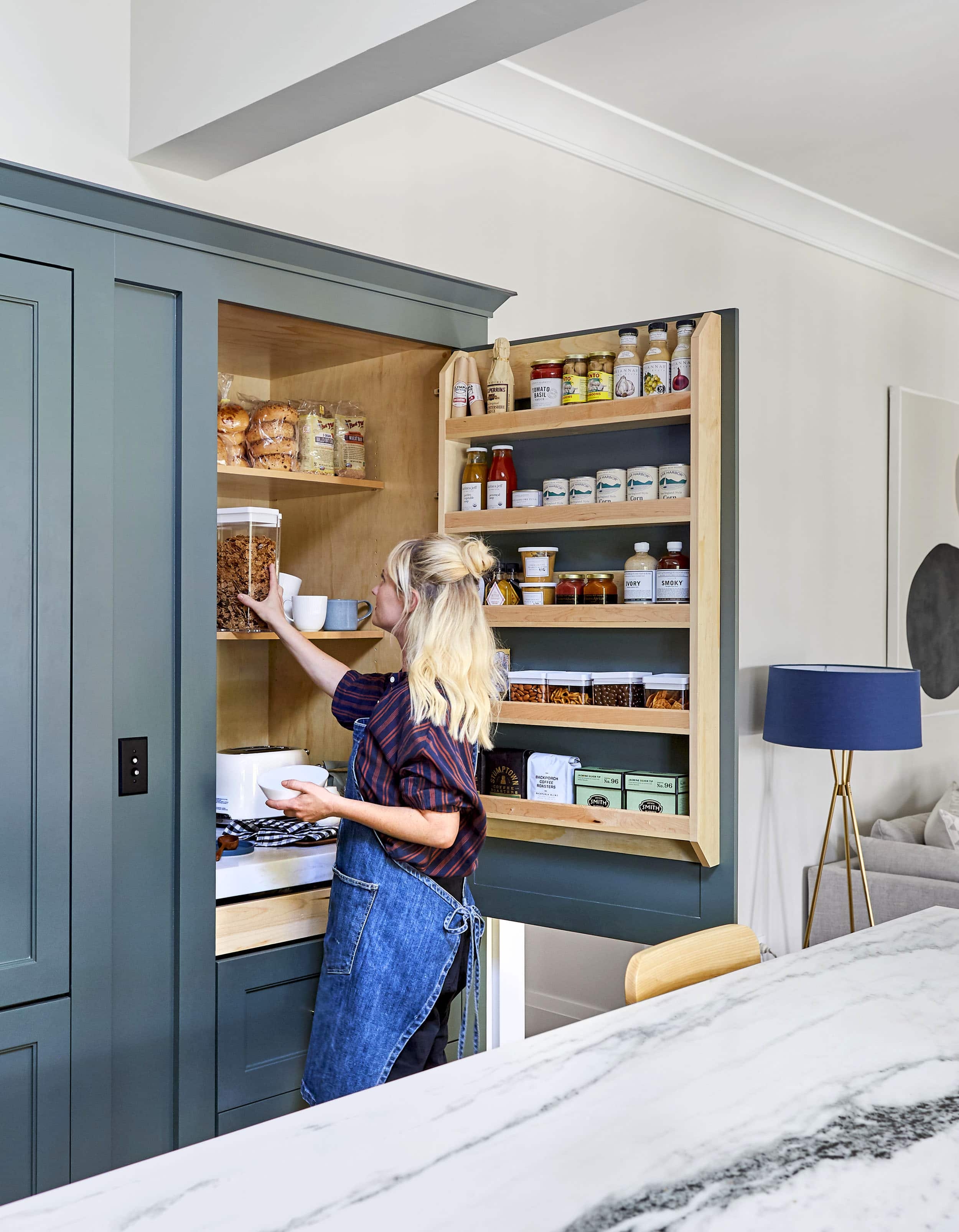 Pantry Cabinet with Swing Out Door Shelving Blue