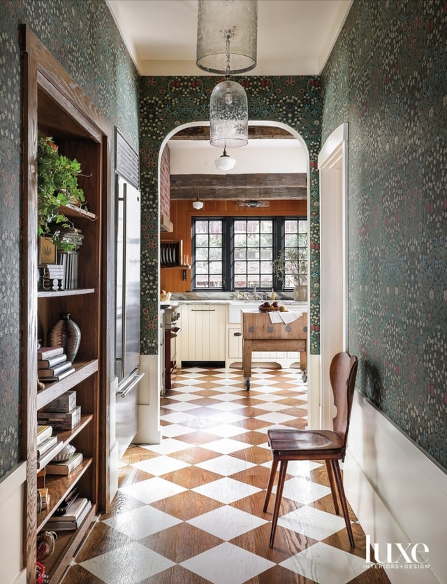 Pantry Hallway Arched Doorway Forest Green Harlequin wood floors