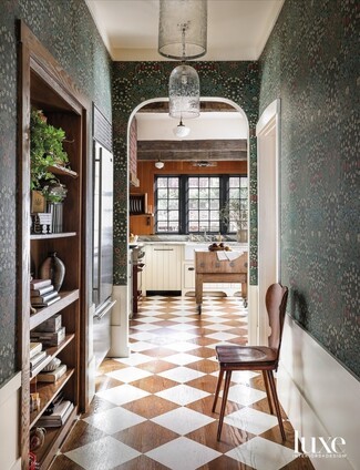 Pantry Hallway Arched Doorway Forest Green Harlequin wood floors
