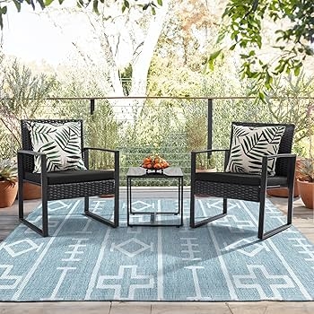 Patio Conversation Set: Teal Geometric Rug and Botanical Leaf