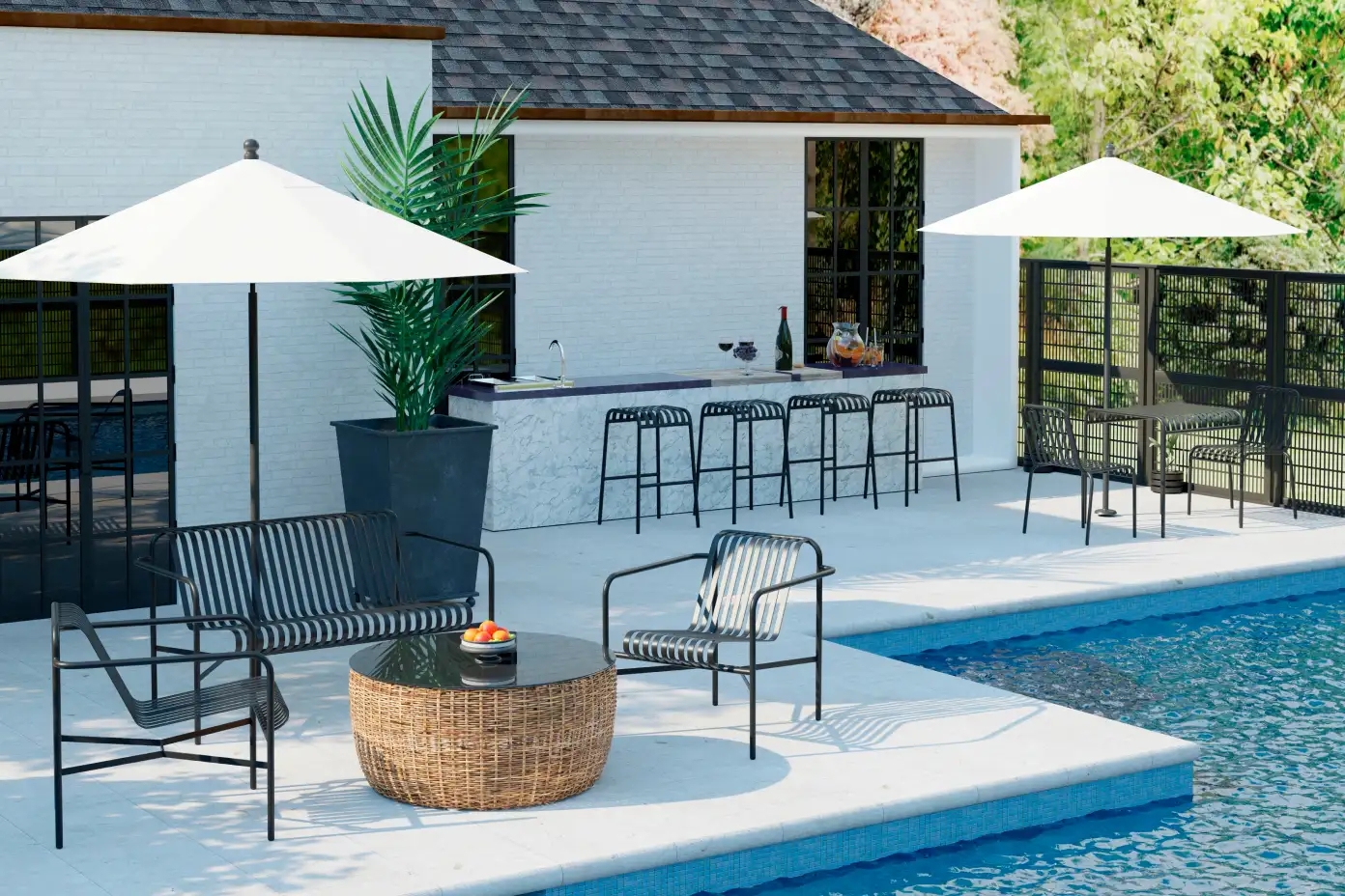 Patio Furniture Set including Vertical Slatted Metal and Drum Table