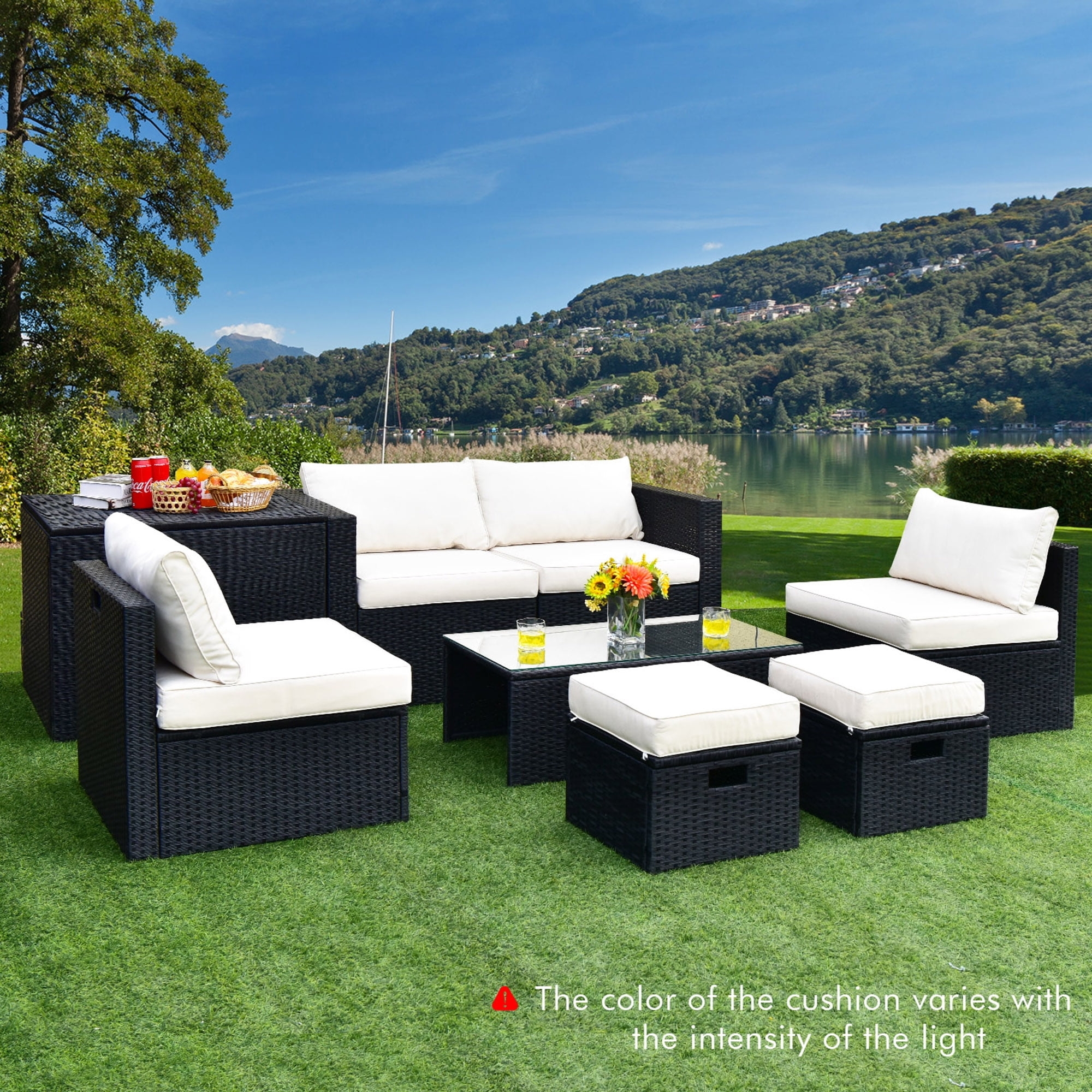 Patio Furniture Set - Modular Sectional Design and Black Wicker