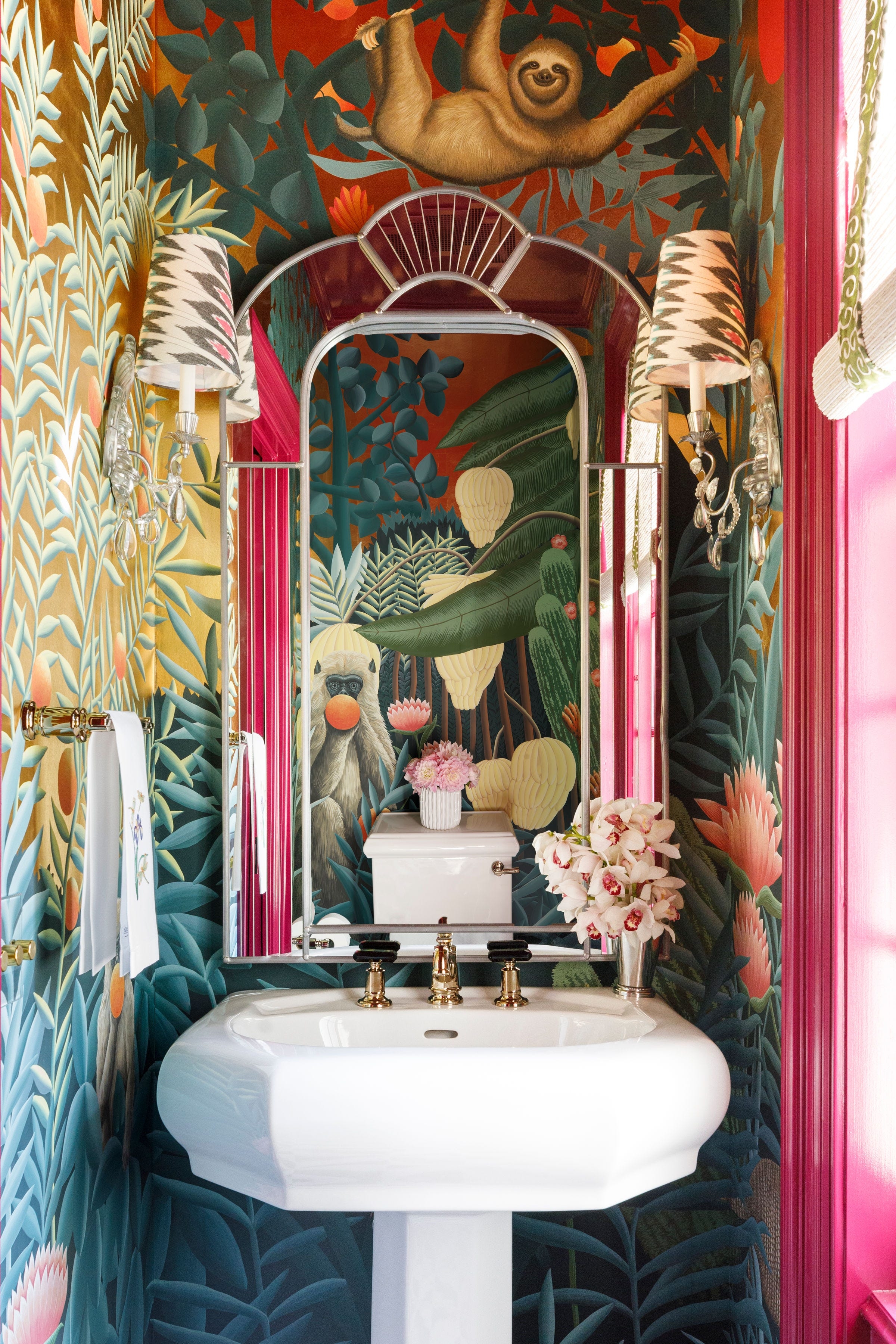 Pedestal Sink: Pink Door Casing Jungle Sloth Wallpaper