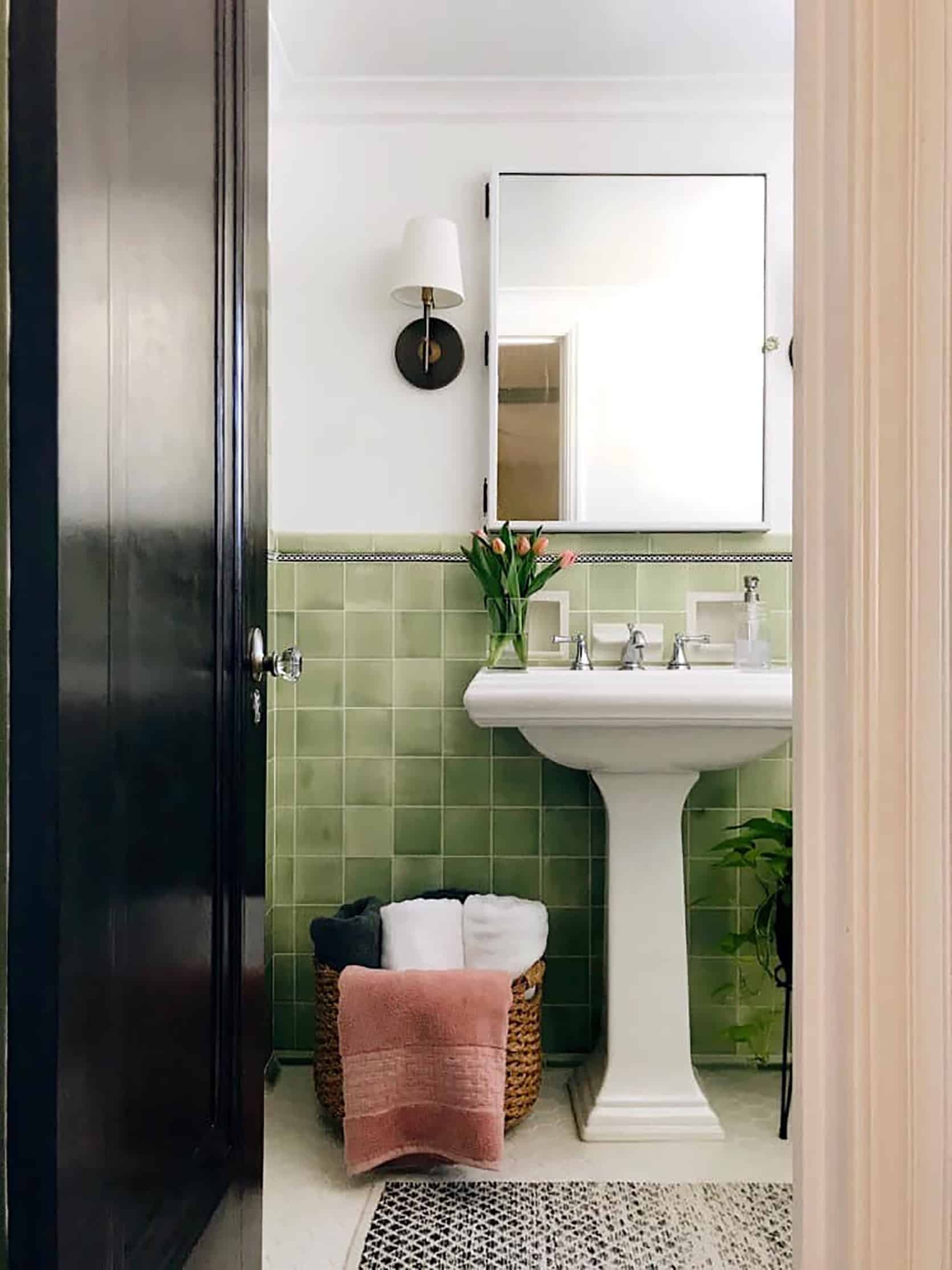 Pedestal Sink with Sage Green Tile for Sage Green Bathroom Tile