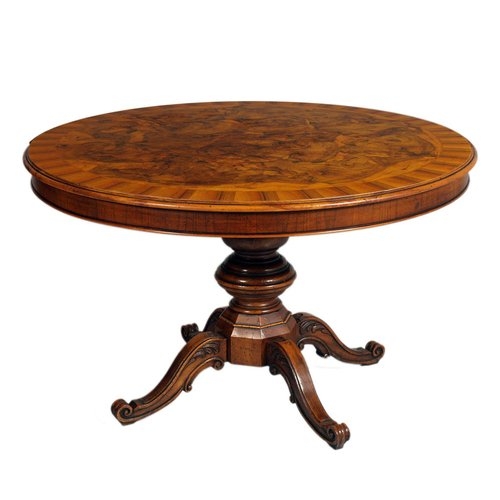 Pedestal Table with Walnut Root Veneer and Sunburst Inlay