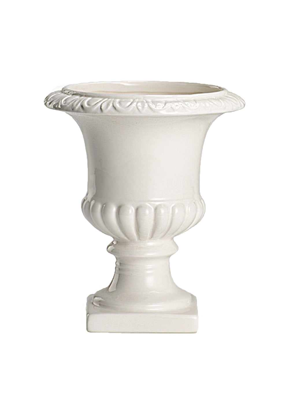 Pedestal Urn White Ceramic Glossy Fluted Basin Decor