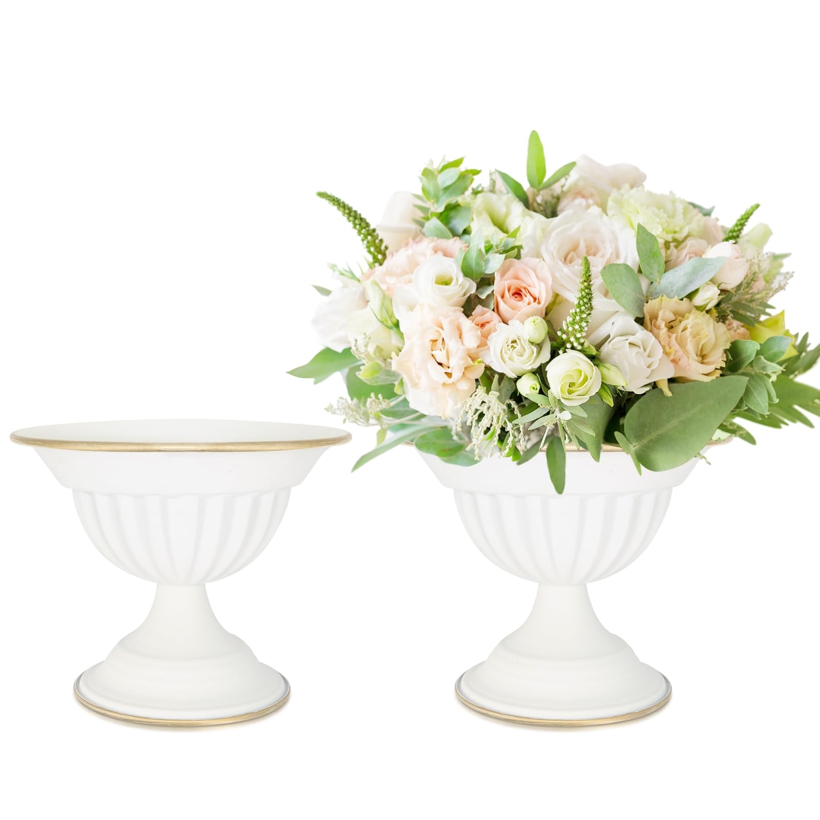Pedestal Vase Matte White Gold Rimmed Fluted Centerpiece