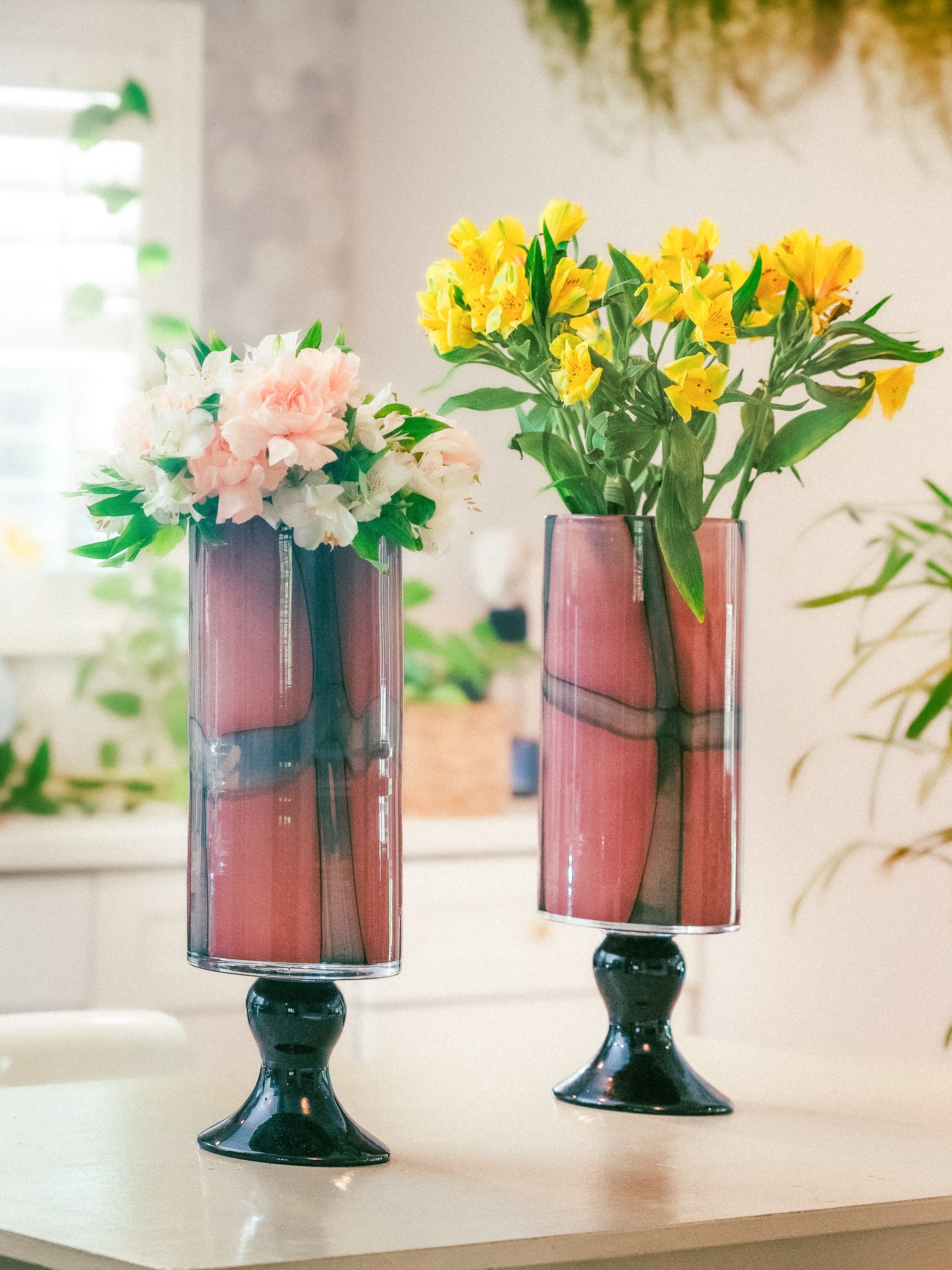 Pedestal Vase Rose Tinted Glass Smoky Grid Black Stand