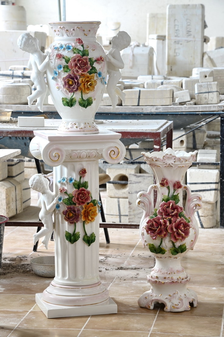 Pedestal Vase Set Ceramic Cherub High Relief Flowers